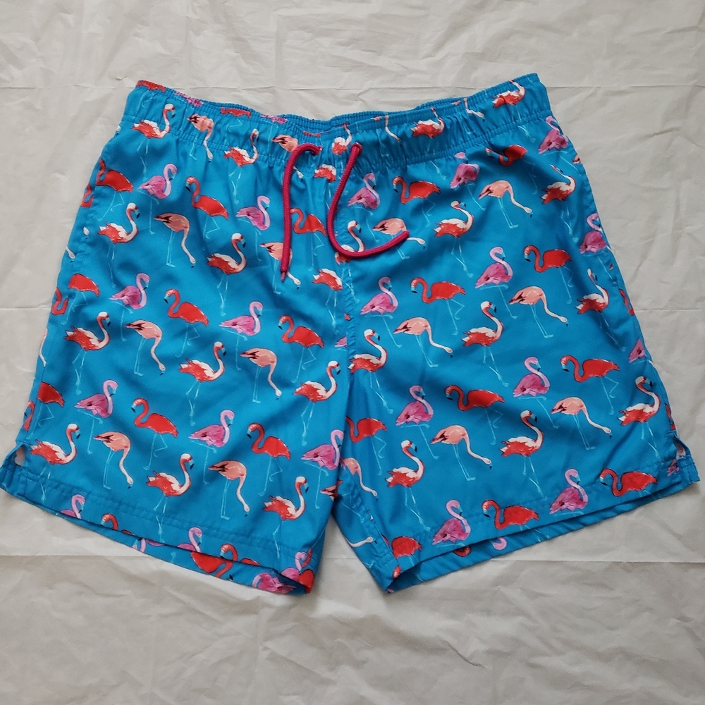 Mens George Lined Pink Flamingo Blue Swim Trunks Size L 36/38